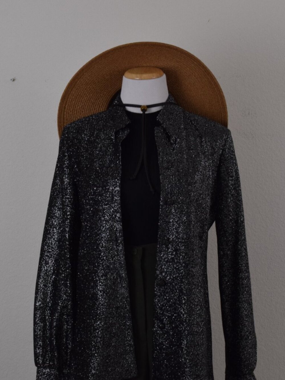 Vintage 70s Disco Long Sleeve Black Metallic Blouse